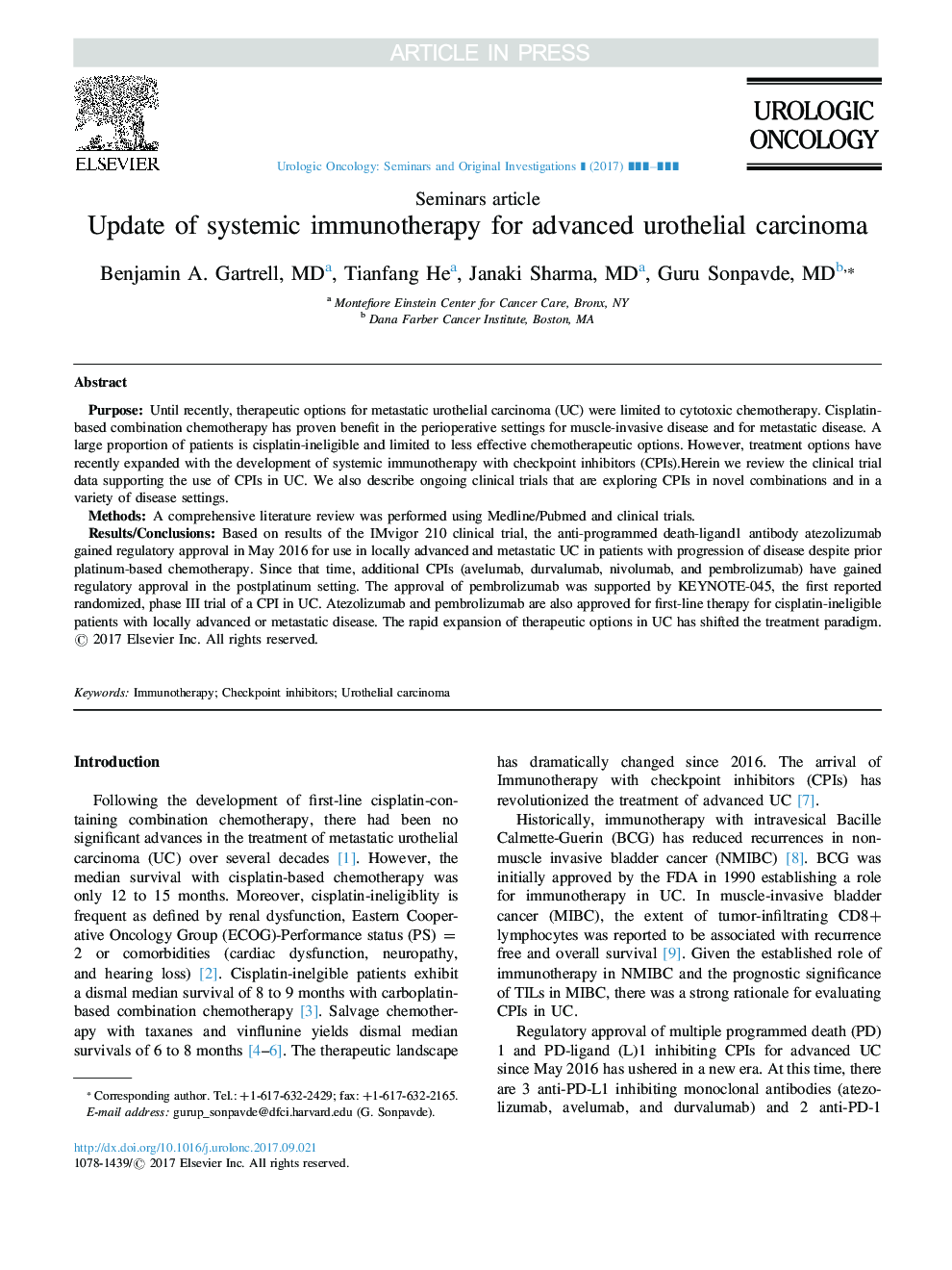 Update of systemic immunotherapy for advanced urothelial carcinoma