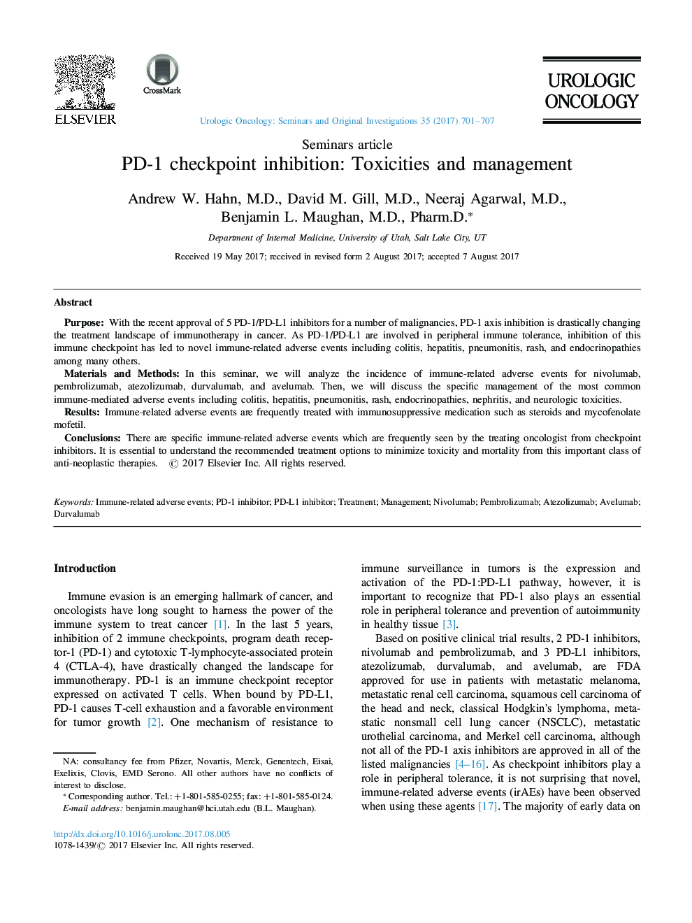 PD-1 checkpoint inhibition: Toxicities and management