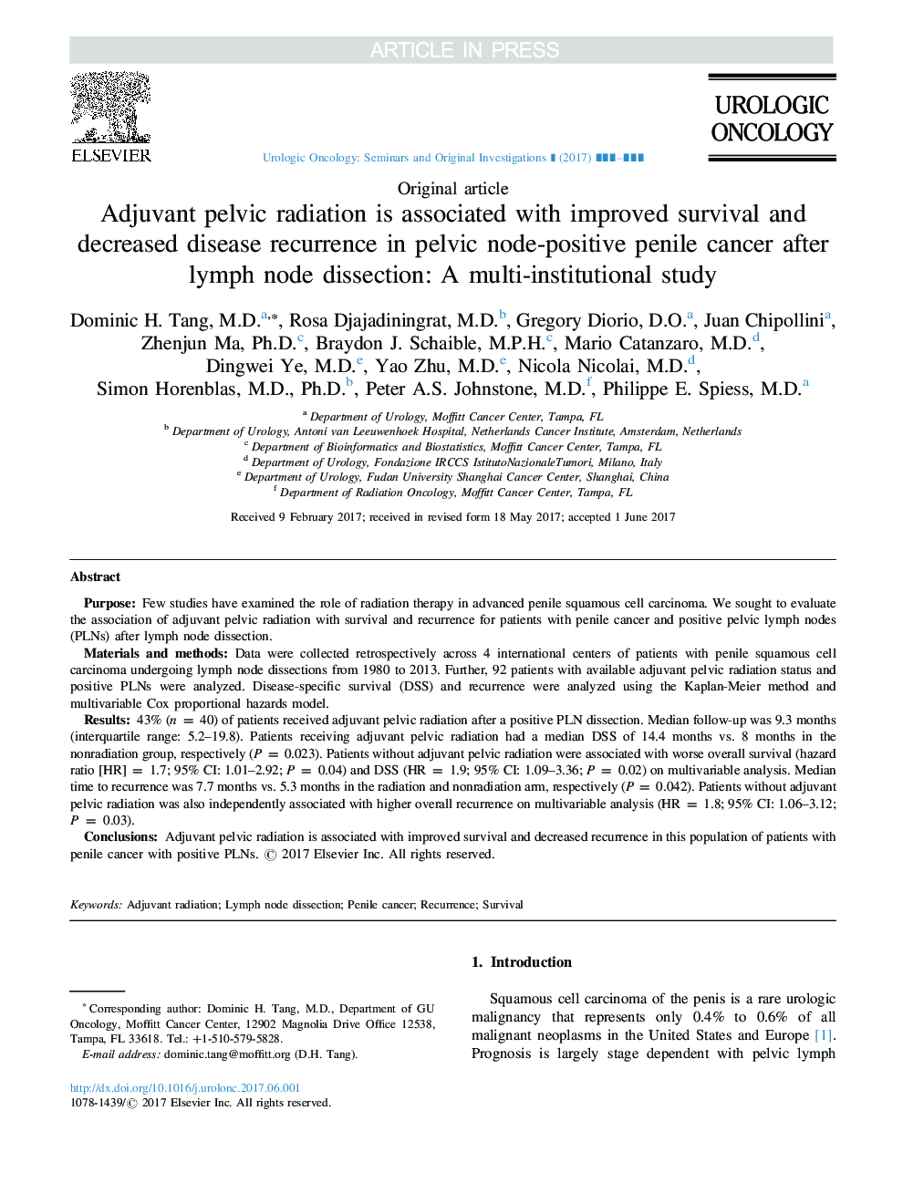 Adjuvant pelvic radiation is associated with improved survival and decreased disease recurrence in pelvic node-positive penile cancer after lymph node dissection: A multi-institutional study