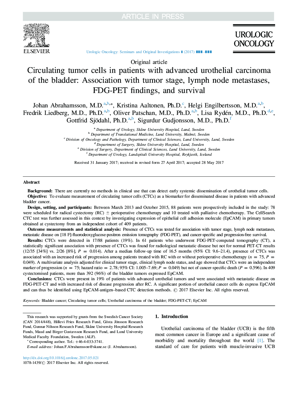 Circulating tumor cells in patients with advanced urothelial carcinoma of the bladder: Association with tumor stage, lymph node metastases, FDG-PET findings, and survival