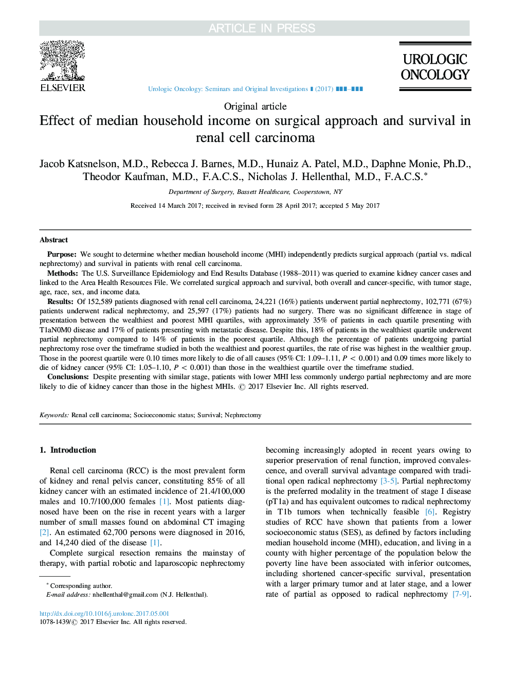 Effect of median household income on surgical approach and survival in renal cell carcinoma