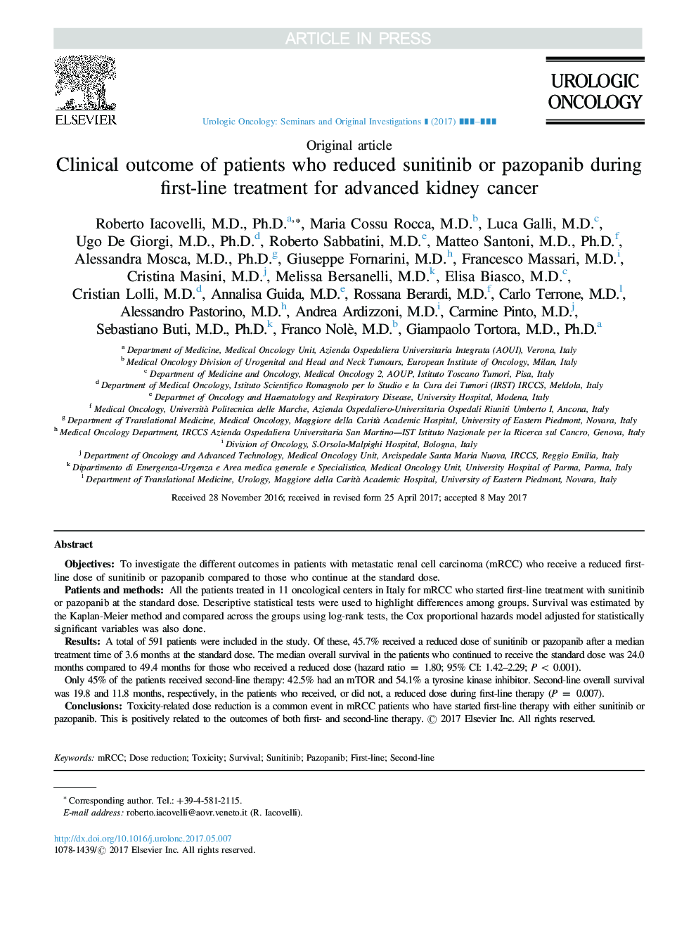 Clinical outcome of patients who reduced sunitinib or pazopanib during first-line treatment for advanced kidney cancer