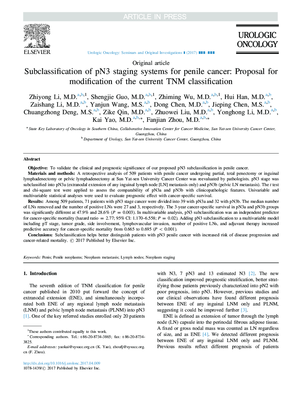 Subclassification of pN3 staging systems for penile cancer: Proposal for modification of the current TNM classification