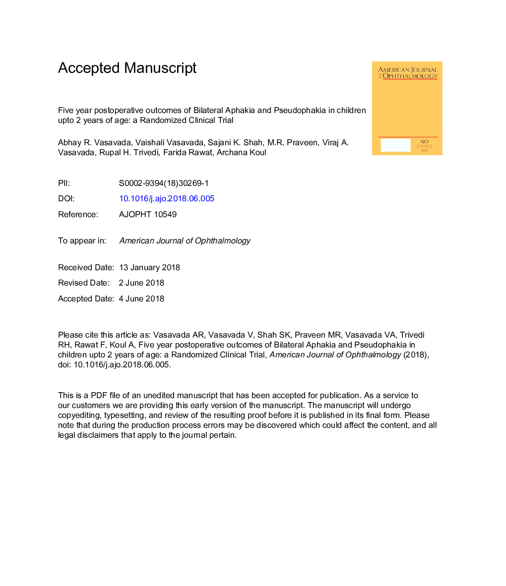 Five-Year Postoperative Outcomes of Bilateral Aphakia and Pseudophakia in Children up to 2 Years of Age: A Randomized Clinical Trial
