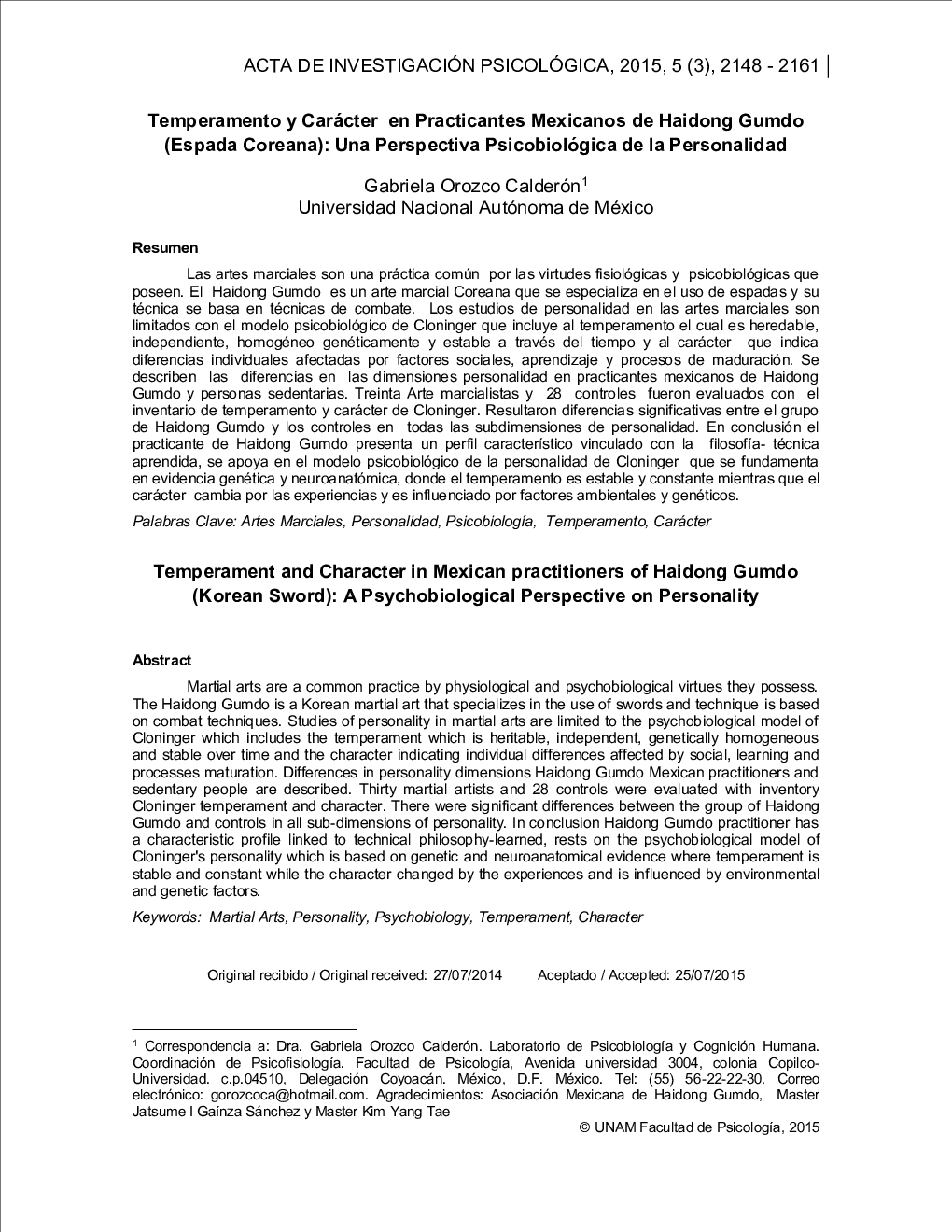 Temperamento y Carácter en Practicantes Mexicanos de Haidong Gumdo (Espada Coreana): Una Perspectiva Psicobiológica de la Personalidad