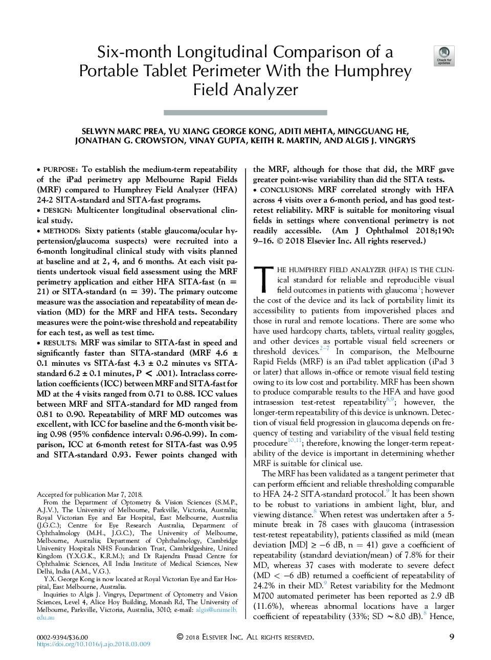 Six-month Longitudinal Comparison of a Portable Tablet Perimeter With the Humphrey Field Analyzer