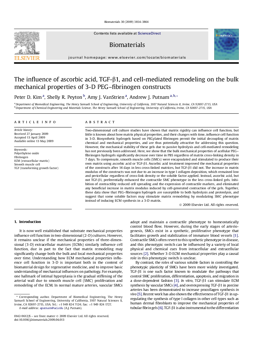 The influence of ascorbic acid, TGF-β1, and cell-mediated remodeling on the bulk mechanical properties of 3-D PEG–fibrinogen constructs