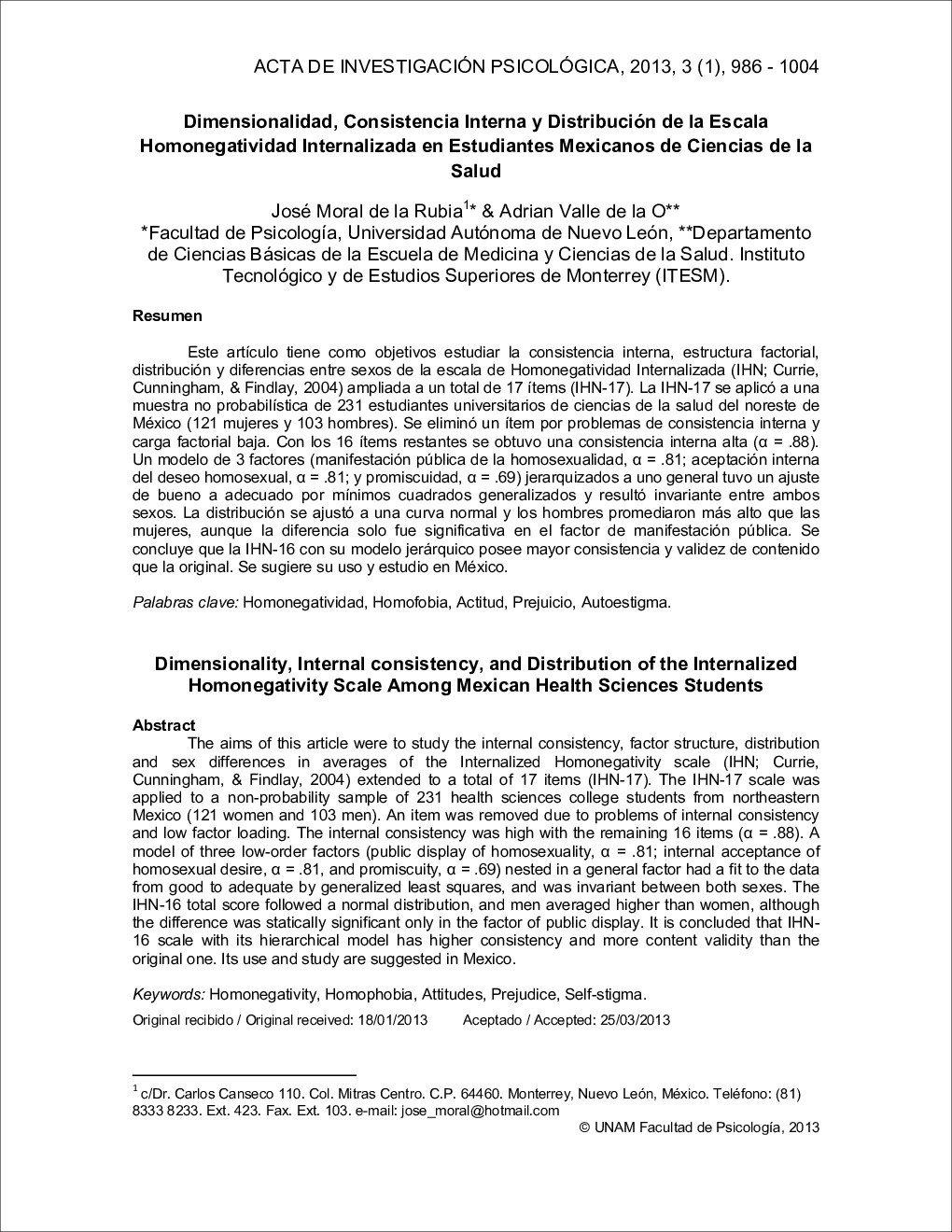 Dimensionalidad, Consistencia Interna y Distribución de la Escala Homonegatividad Internalizada en Estudiantes Mexicanos de Ciencias de la Salud