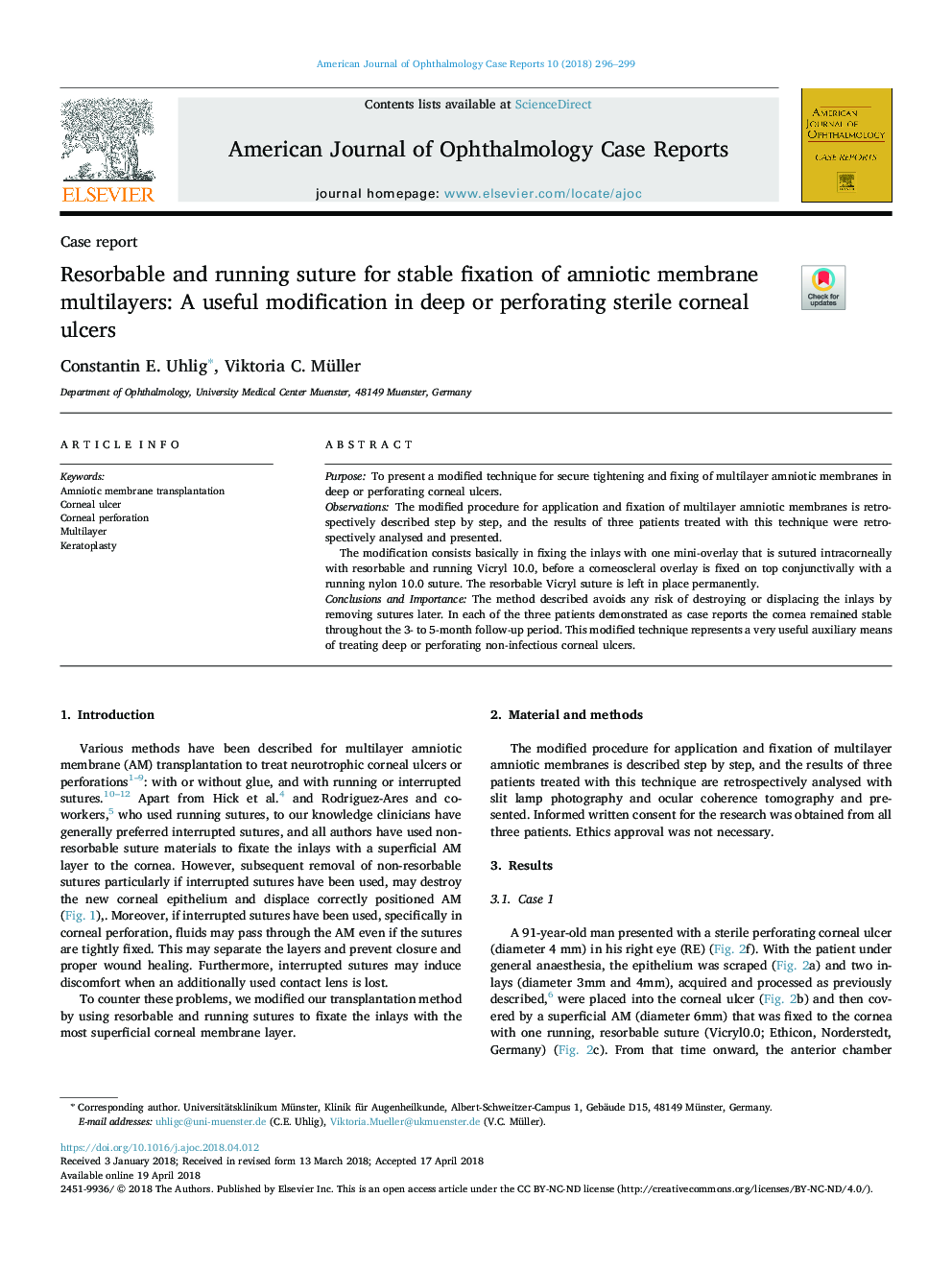 Resorbable and running suture for stable fixation of amniotic membrane multilayers: A useful modification in deep or perforating sterile corneal ulcers