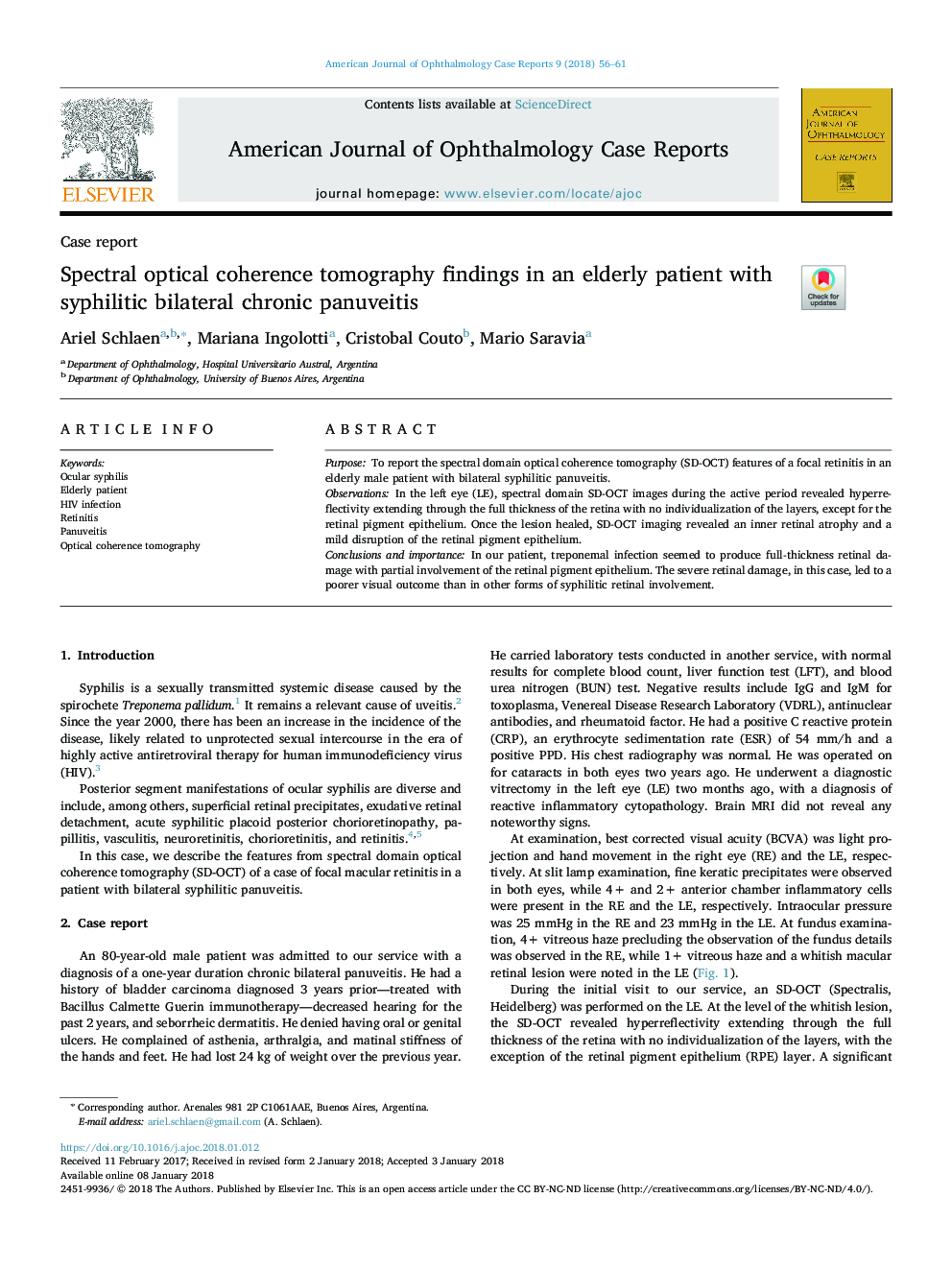 Spectral optical coherence tomography findings in an elderly patient with syphilitic bilateral chronic panuveitis