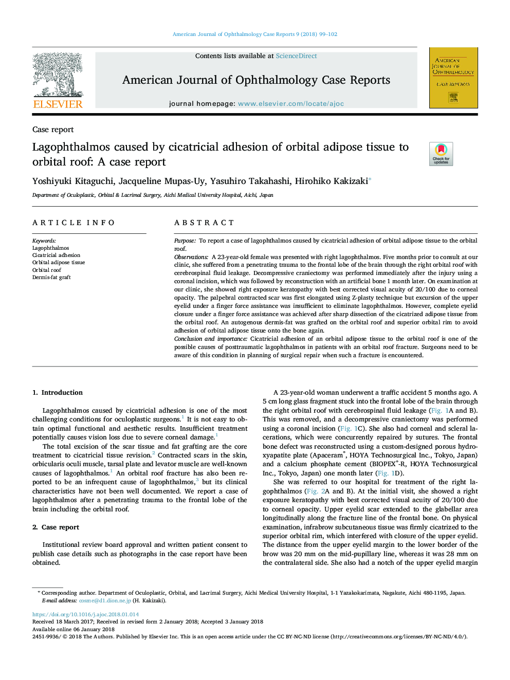 Lagophthalmos caused by cicatricial adhesion of orbital adipose tissue to orbital roof: A case report