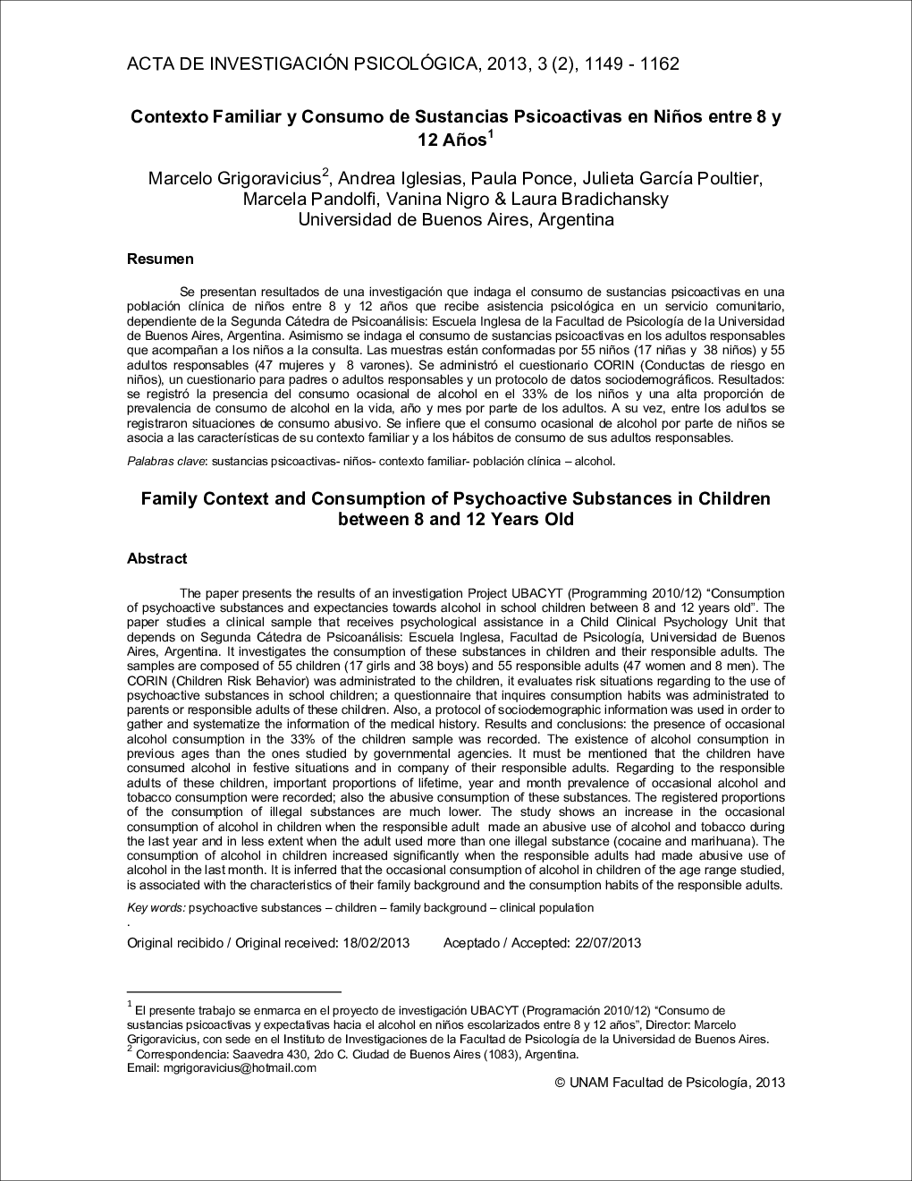 عکس صفحه اول مقاله: Contexto Familiar y Consumo de Sustancias Psicoactivas en Niños entre 8 y 12 Años1 Contexto Familiar y Consumo de Sustancias Psicoactivas en Niños entre 8 y 12 Años1