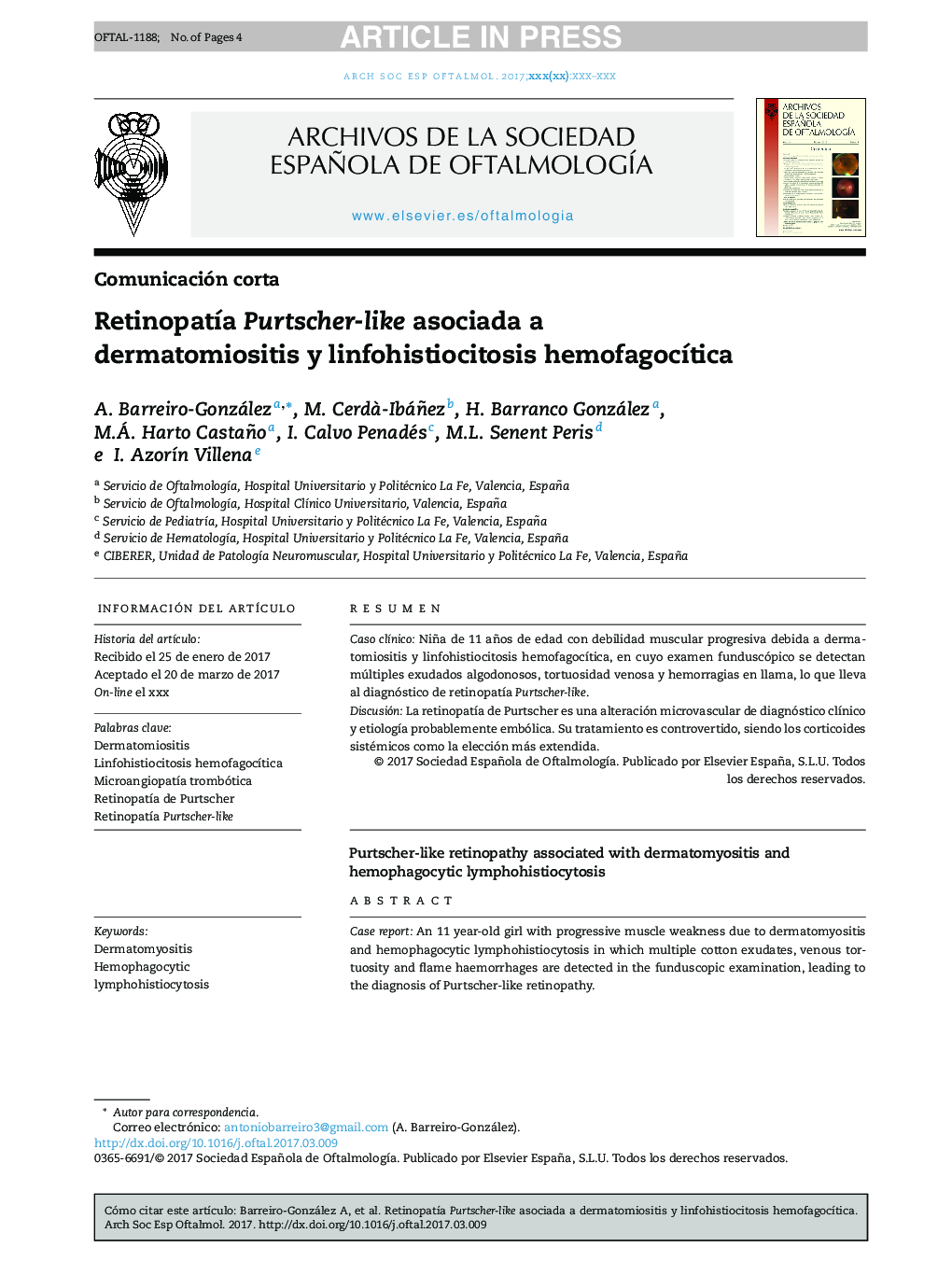 RetinopatÃ­a Purtscher-like asociada a dermatomiositis y linfohistiocitosis hemofagocÃ­tica