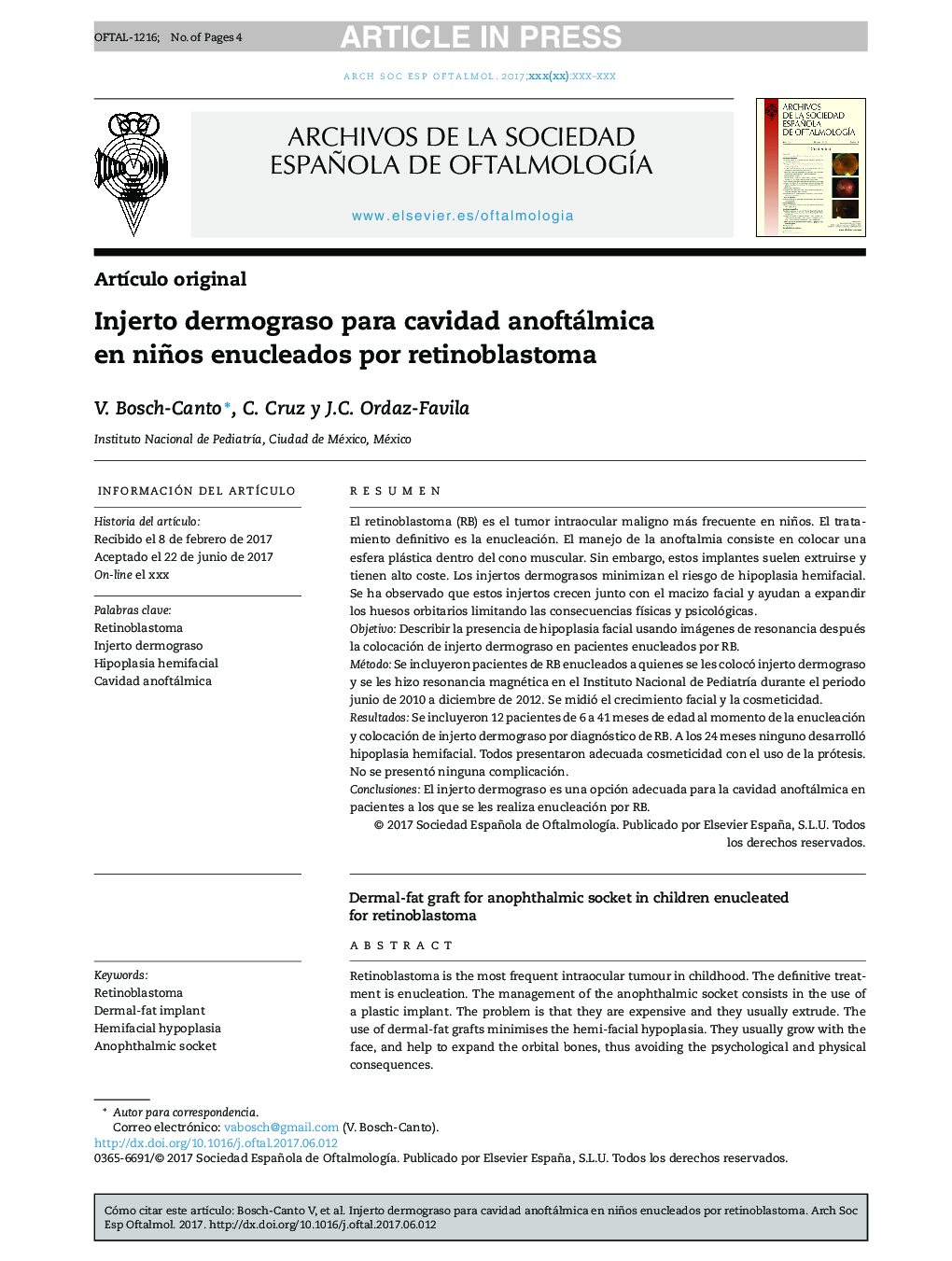 عکس صفحه اول مقاله: Injerto dermograso para cavidad anoftálmica en niños enucleados por retinoblastoma Injerto dermograso para cavidad anoftálmica en niños enucleados por retinoblastoma