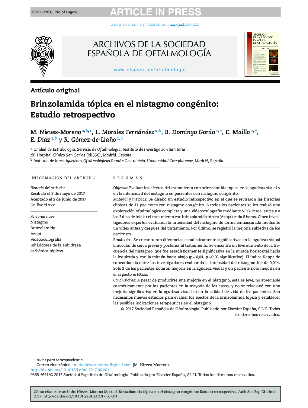 Brinzolamida tópica en el nistagmo congénito: Estudio retrospectivo