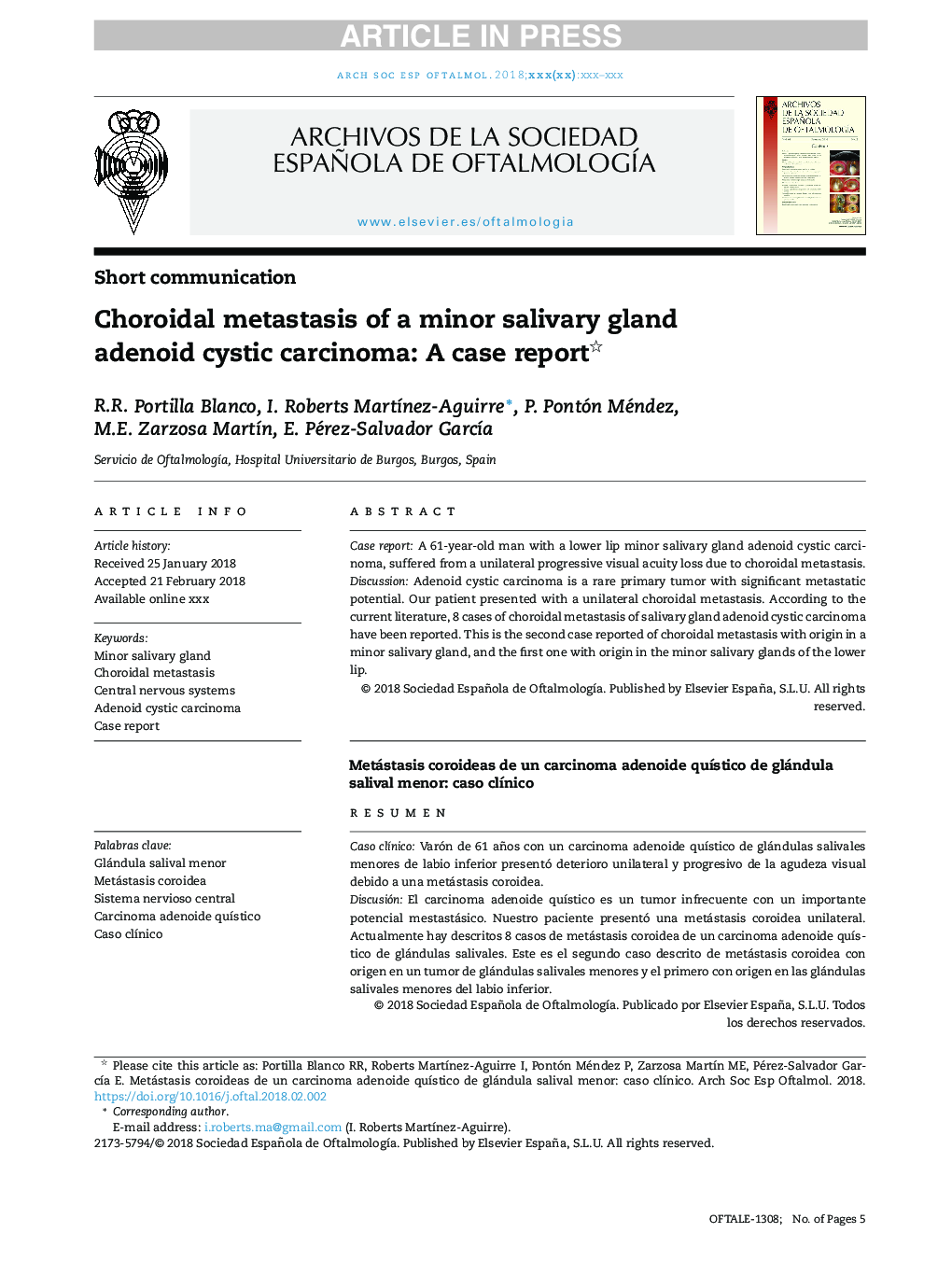 Choroidal metastasis of a minor salivary gland adenoid cystic carcinoma: A case report