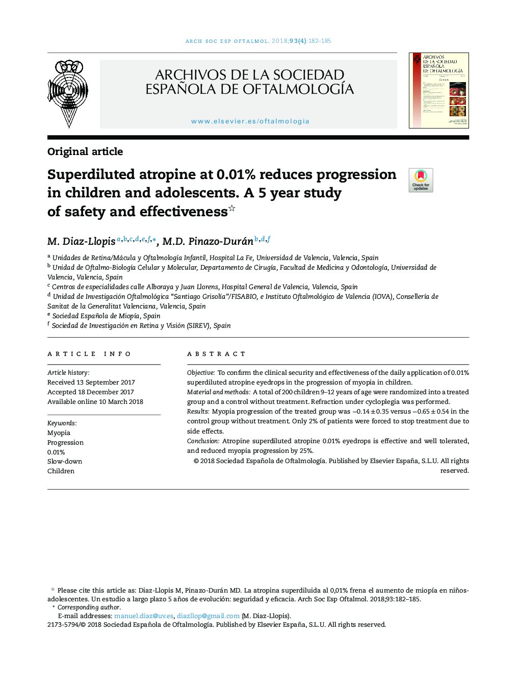 Superdiluted atropine at 0.01% reduces progression in children and adolescents. A 5 year study of safety and effectiveness