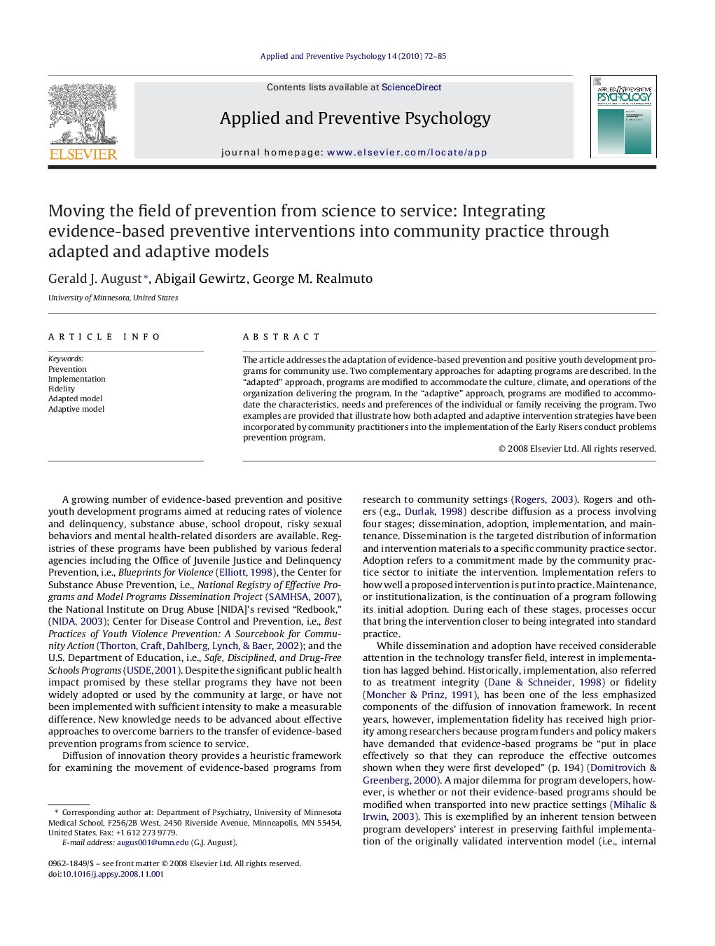 Moving the field of prevention from science to service: Integrating evidence-based preventive interventions into community practice through adapted and adaptive models