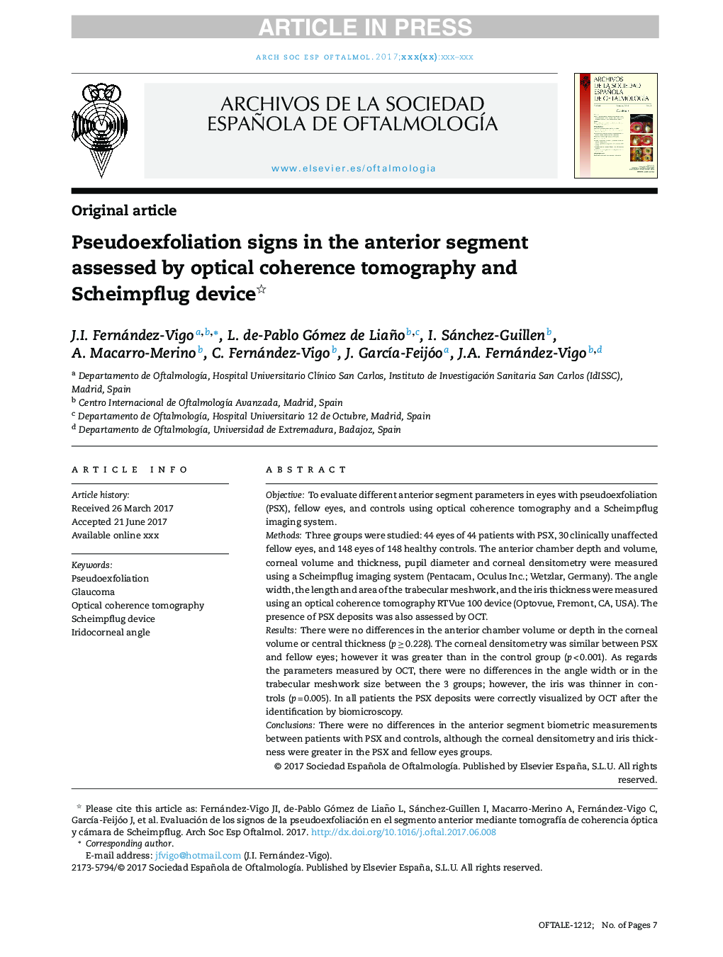 Pseudoexfoliation signs in the anterior segment assessed by optical coherence tomography and Scheimpflug device