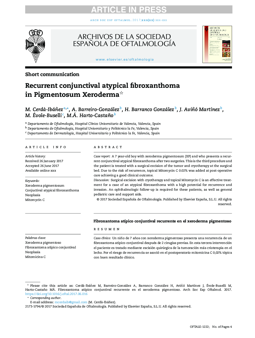 Recurrent conjunctival atypical fibroxanthoma in Pigmentosum Xeroderma