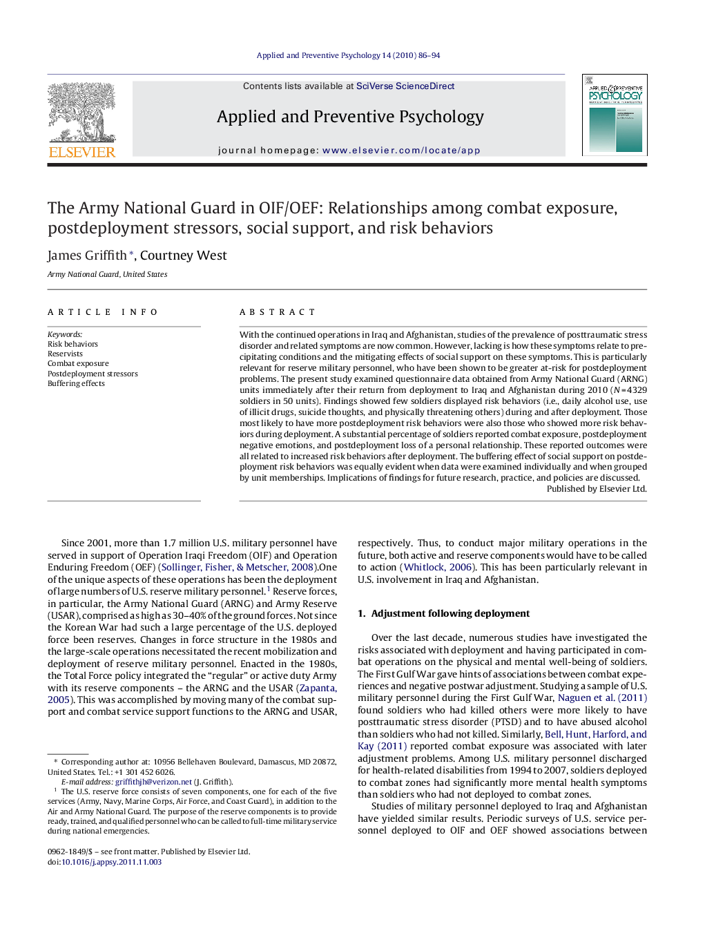 The Army National Guard in OIF/OEF: Relationships among combat exposure, postdeployment stressors, social support, and risk behaviors