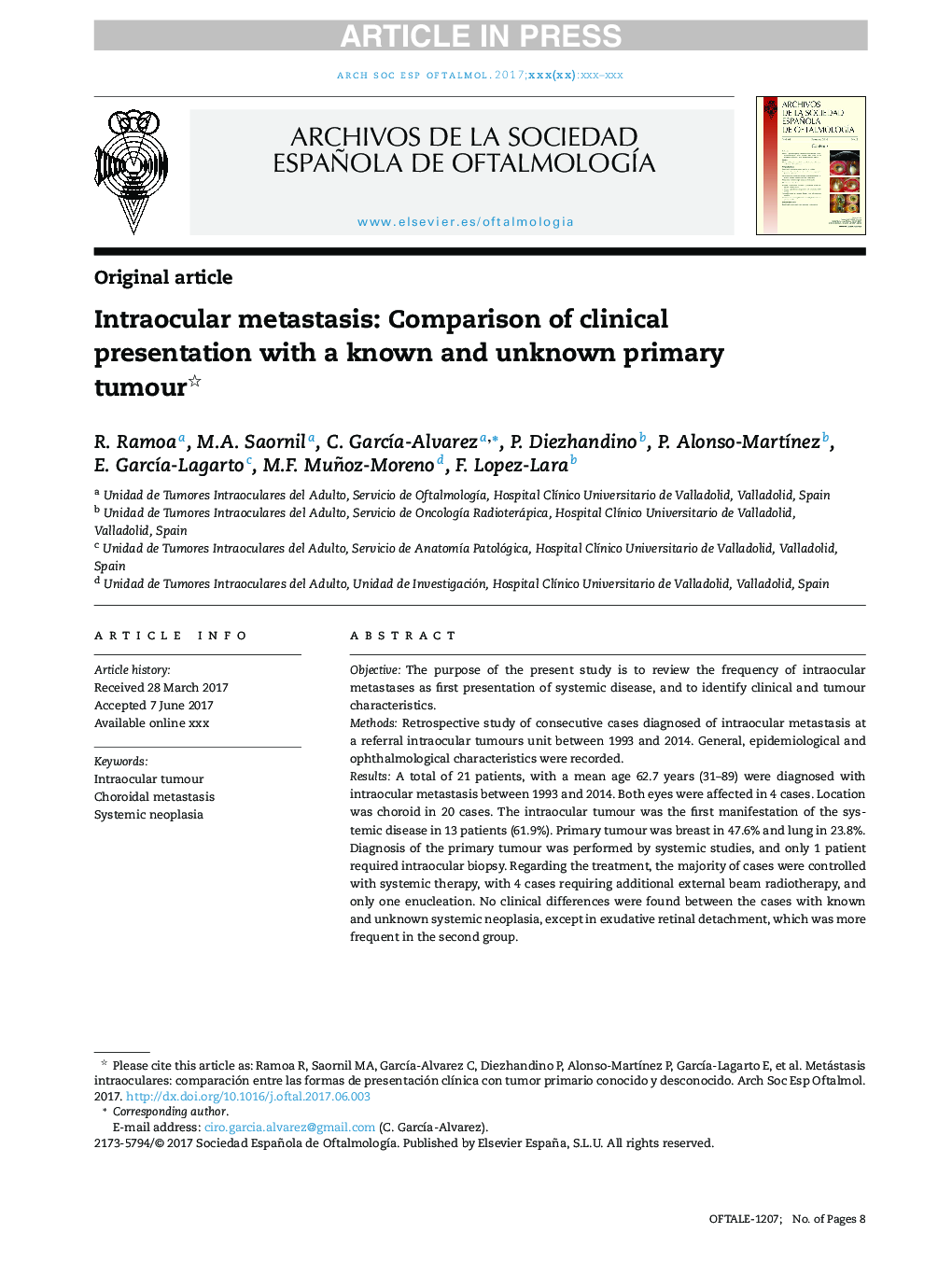 Intraocular metastasis: Comparison of clinical presentation with a known and unknown primary tumour