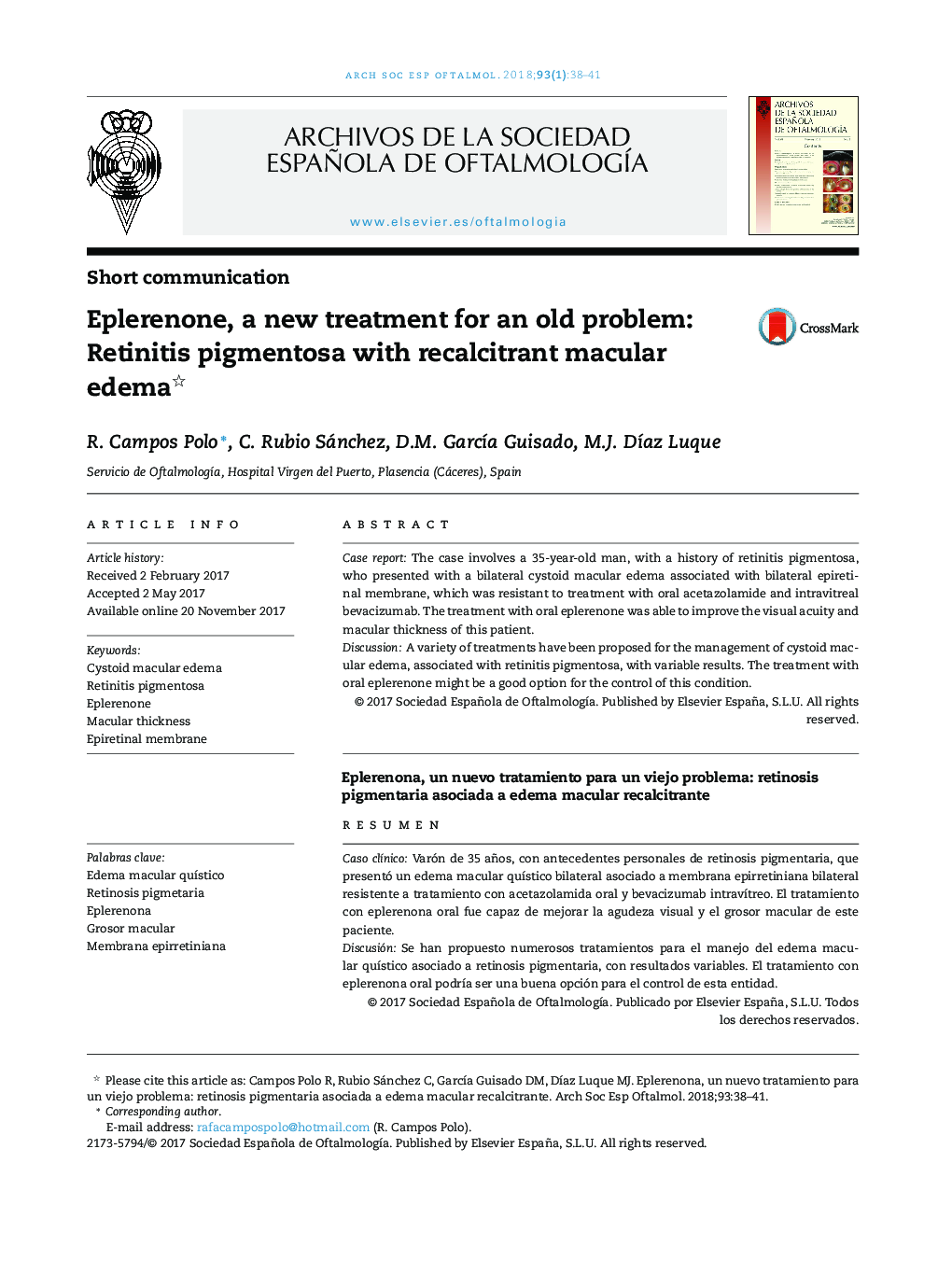 Eplerenone, a new treatment for an old problem: Retinitis pigmentosa with recalcitrant macular edema