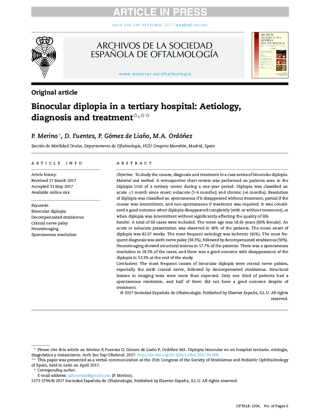 Binocular diplopia in a tertiary hospital: Aetiology, diagnosis and treatment