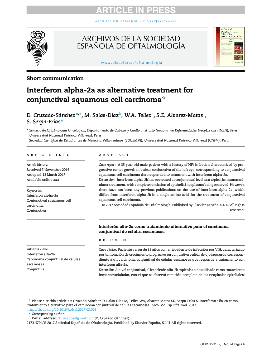 Interferon alpha-2a as alternative treatment for conjunctival squamous cell carcinoma