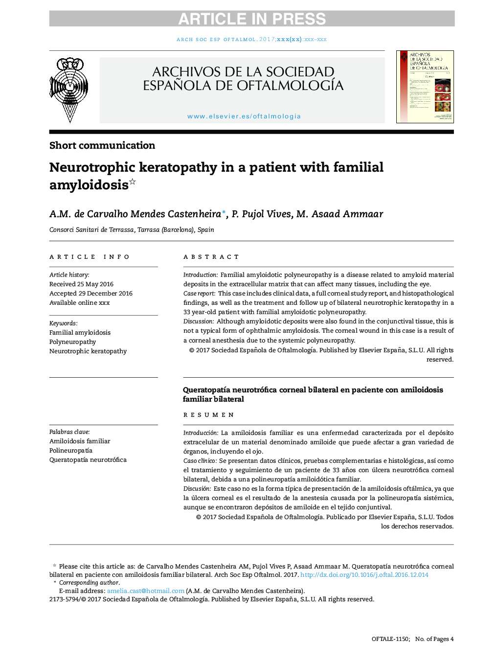 Neurotrophic keratopathy in a patient with familial amyloidosis