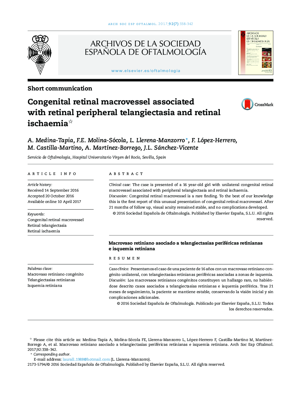 Congenital retinal macrovessel associated with retinal peripheral telangiectasia and retinal ischaemia