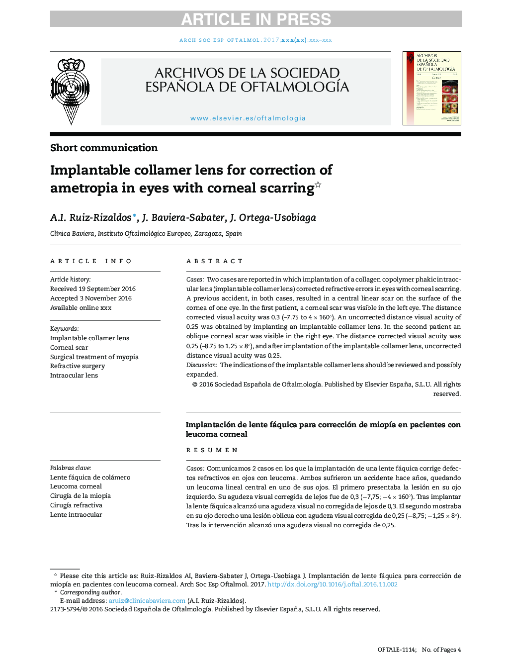 Implantable collamer lens for correction of ametropia in eyes with corneal scarring