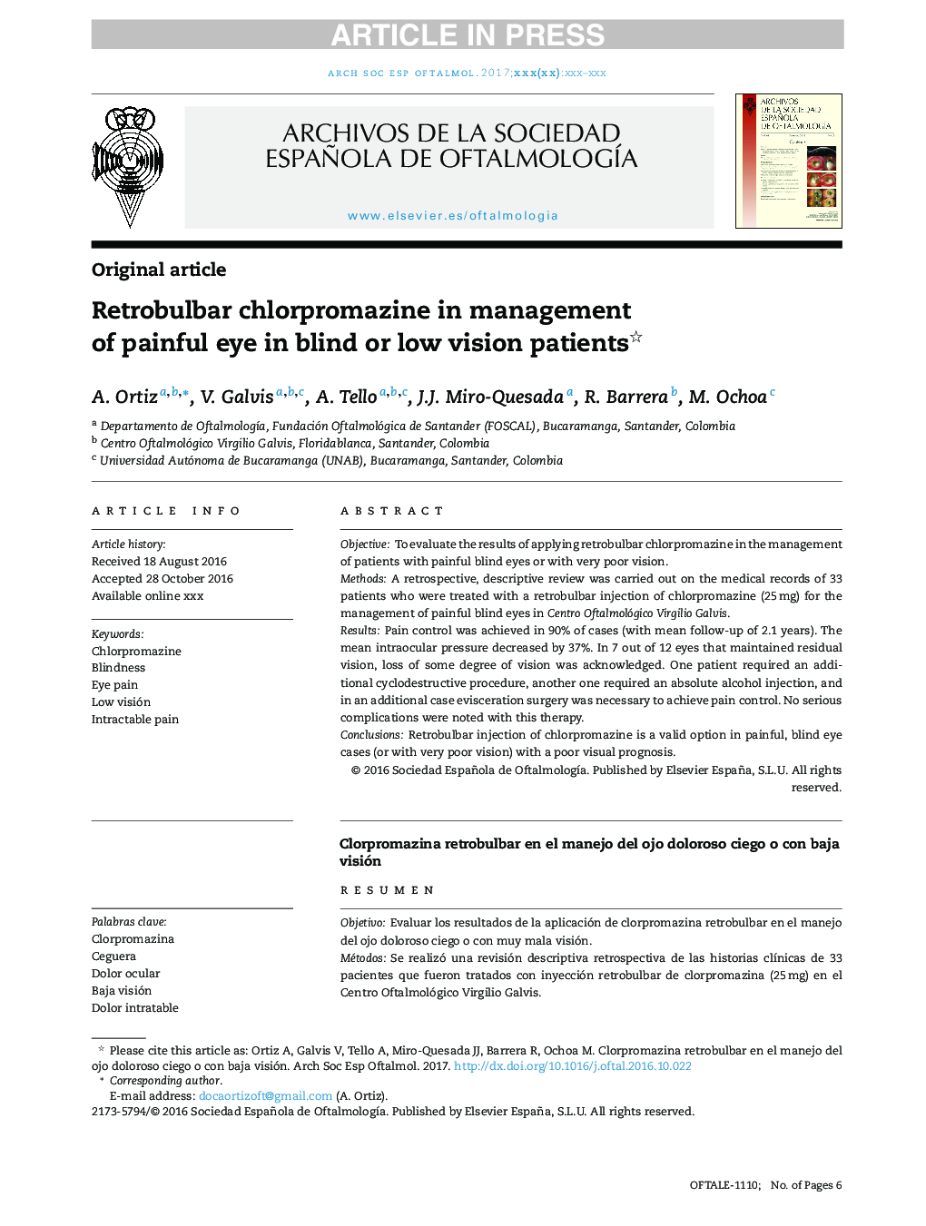 Retrobulbar chlorpromazine in management of painful eye in blind or low vision patients