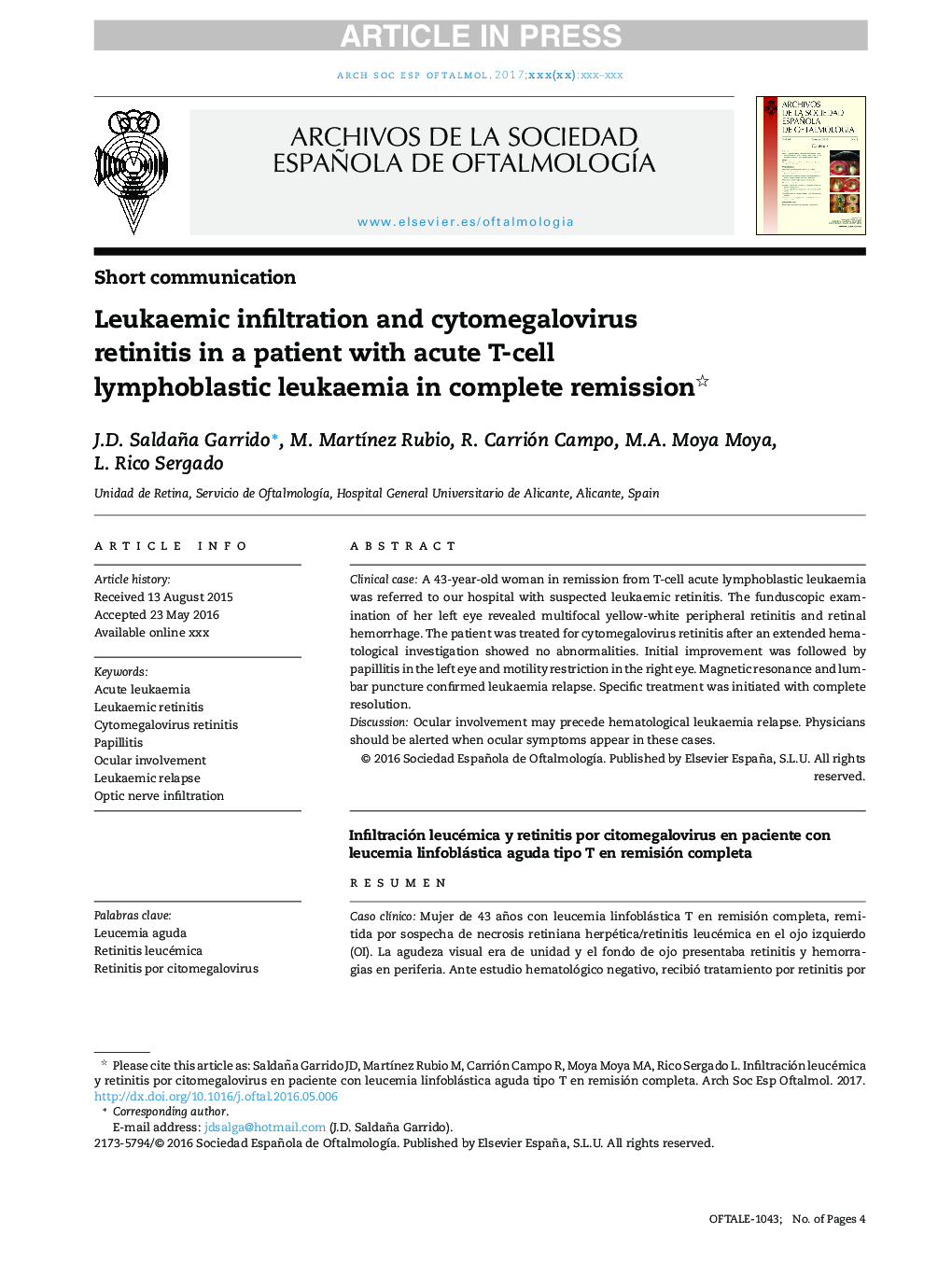 Leukaemic infiltration and cytomegalovirus retinitis in a patient with acute T-cell lymphoblastic leukaemia in complete remission