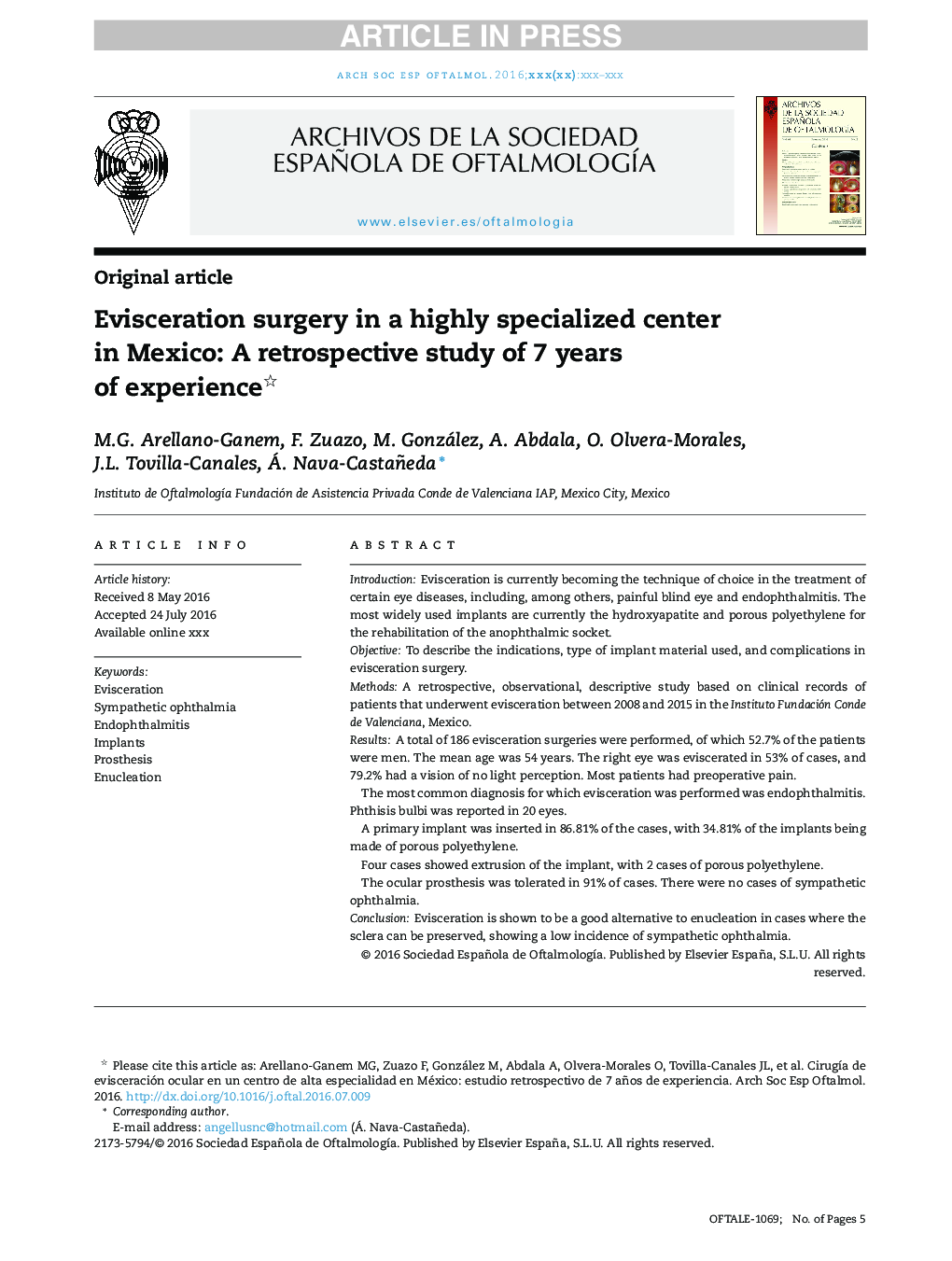 Evisceration surgery in a highly specialized center in Mexico: A retrospective study of 7 years of experience