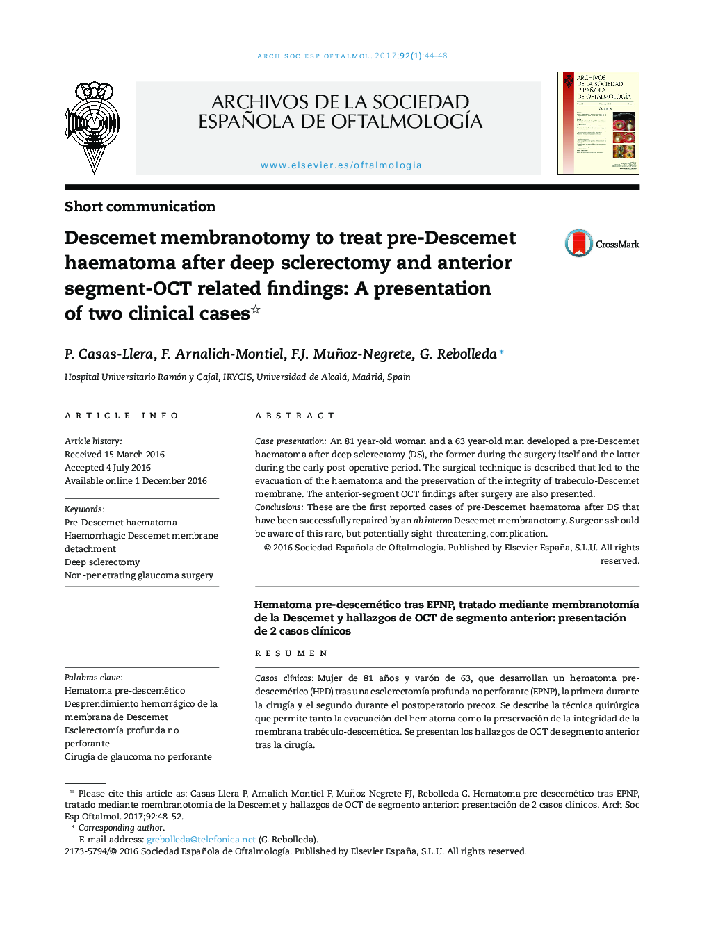 Descemet membranotomy to treat pre-Descemet haematoma after deep sclerectomy and anterior segment-OCT related findings: A presentation of two clinical cases