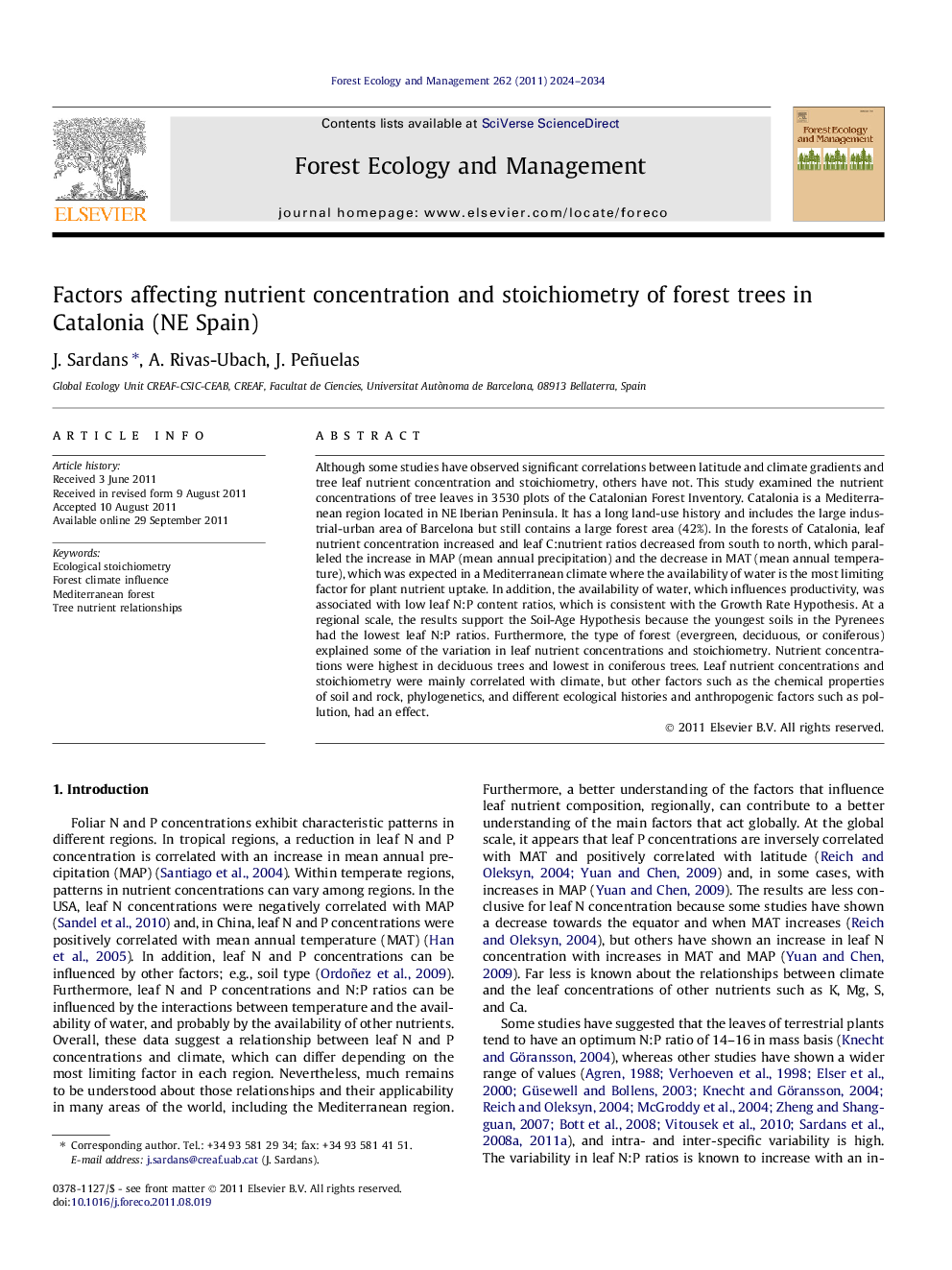 Factors affecting nutrient concentration and stoichiometry of forest trees in Catalonia (NE Spain)