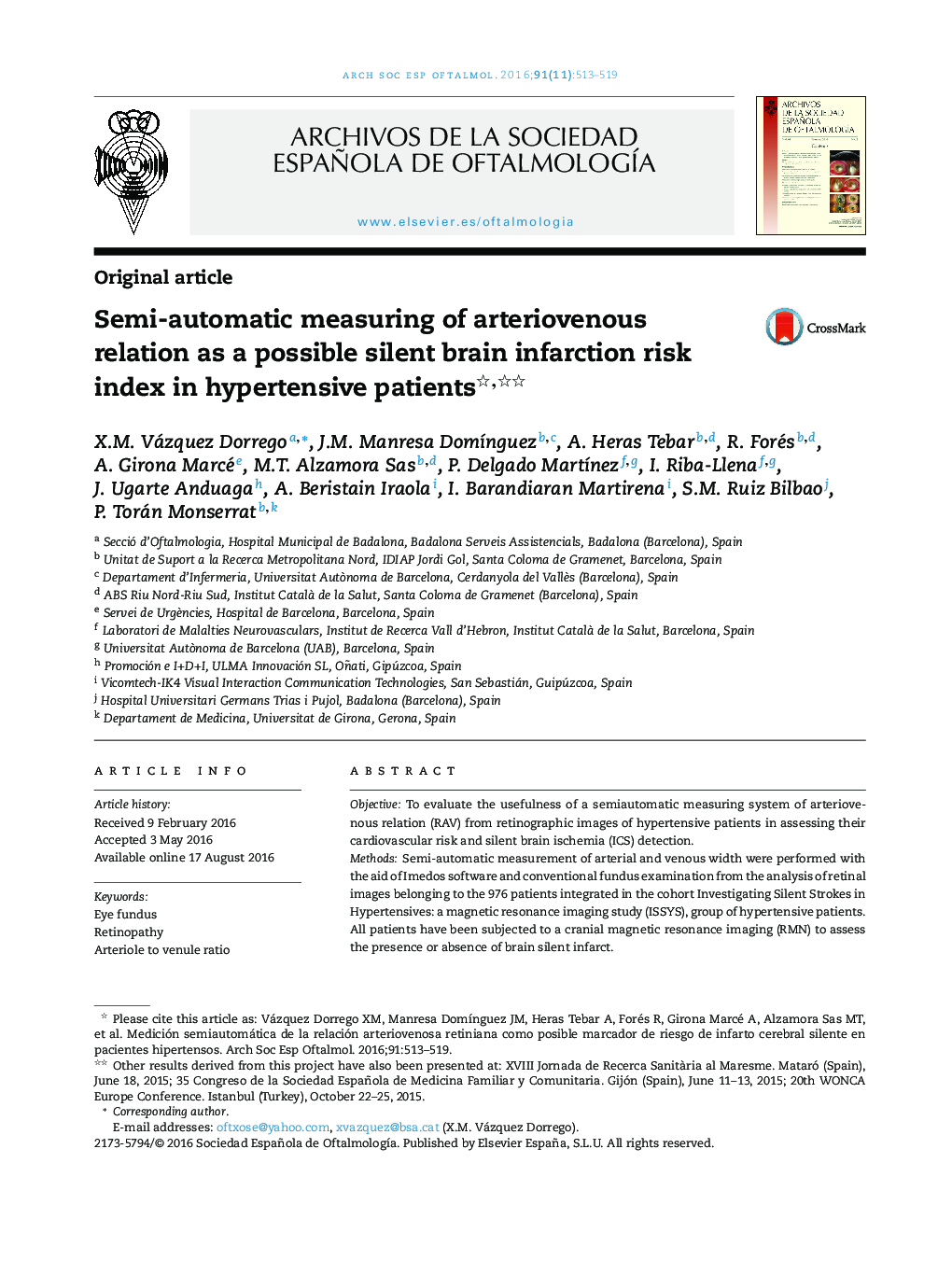 Semi-automatic measuring of arteriovenous relation as a possible silent brain infarction risk index in hypertensive patients