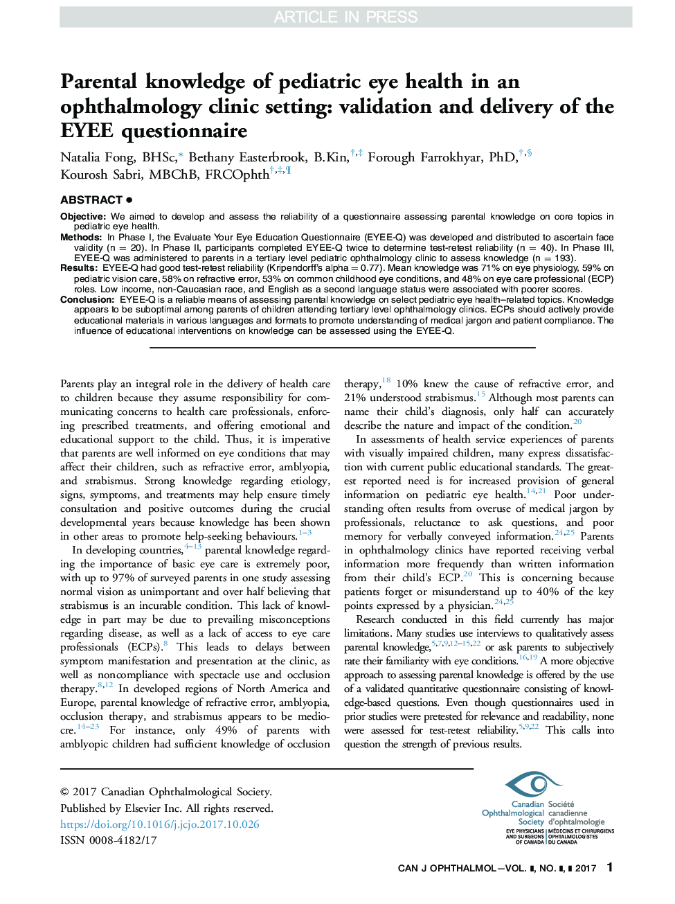 Parental knowledge of pediatric eye health in an ophthalmology clinic setting: validation and delivery of the EYEE questionnaire