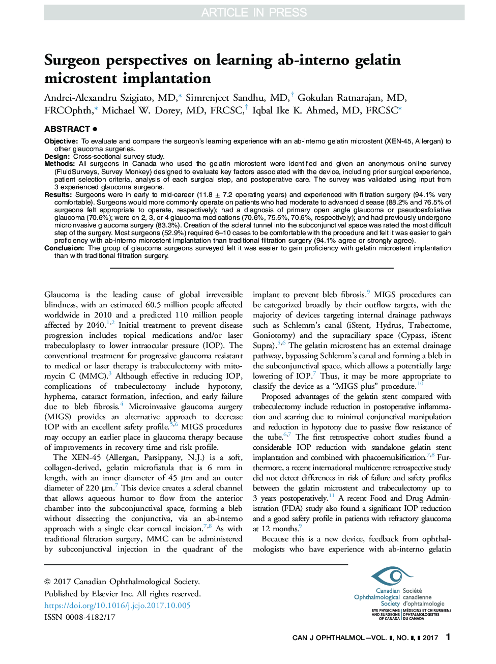 Surgeon perspectives on learning ab-interno gelatin microstent implantation