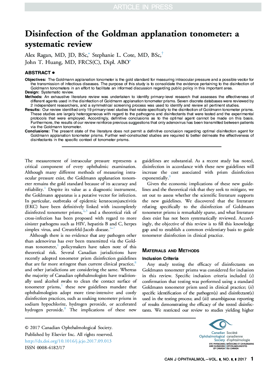 Disinfection of the Goldman applanation tonometer: a systematic review