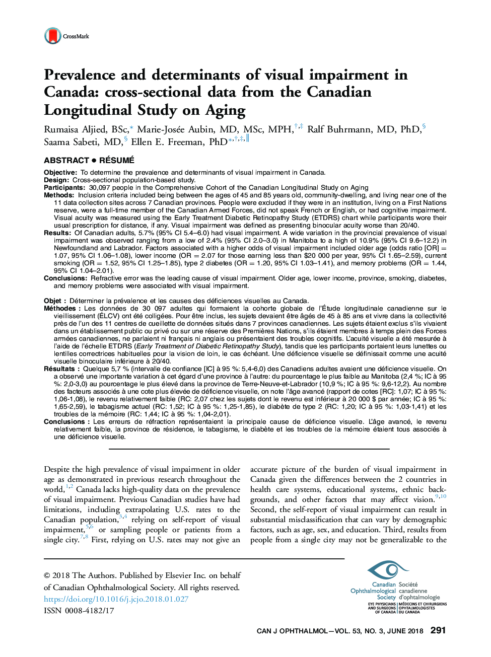 شیوع و عوامل تعیین کننده اختلال بینایی در کانادا: داده های مقطعی از مطالعه طولی کانادایی پیری 