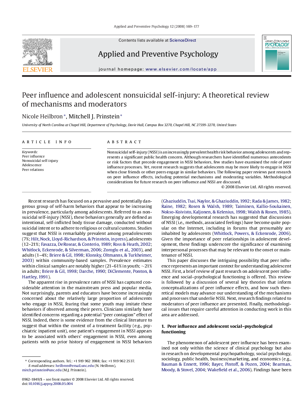 Peer influence and adolescent nonsuicidal self-injury: A theoretical review of mechanisms and moderators