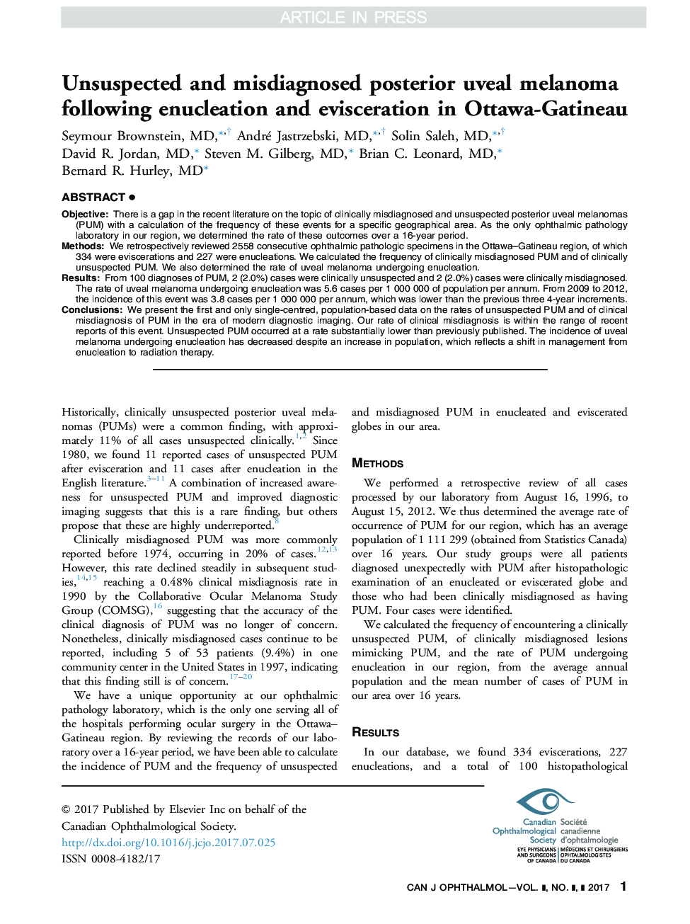 Unsuspected and misdiagnosed posterior uveal melanoma following enucleation and evisceration in Ottawa-Gatineau