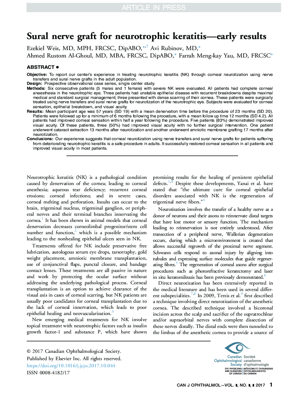 Sural nerve graft for neurotrophic keratitis: early results