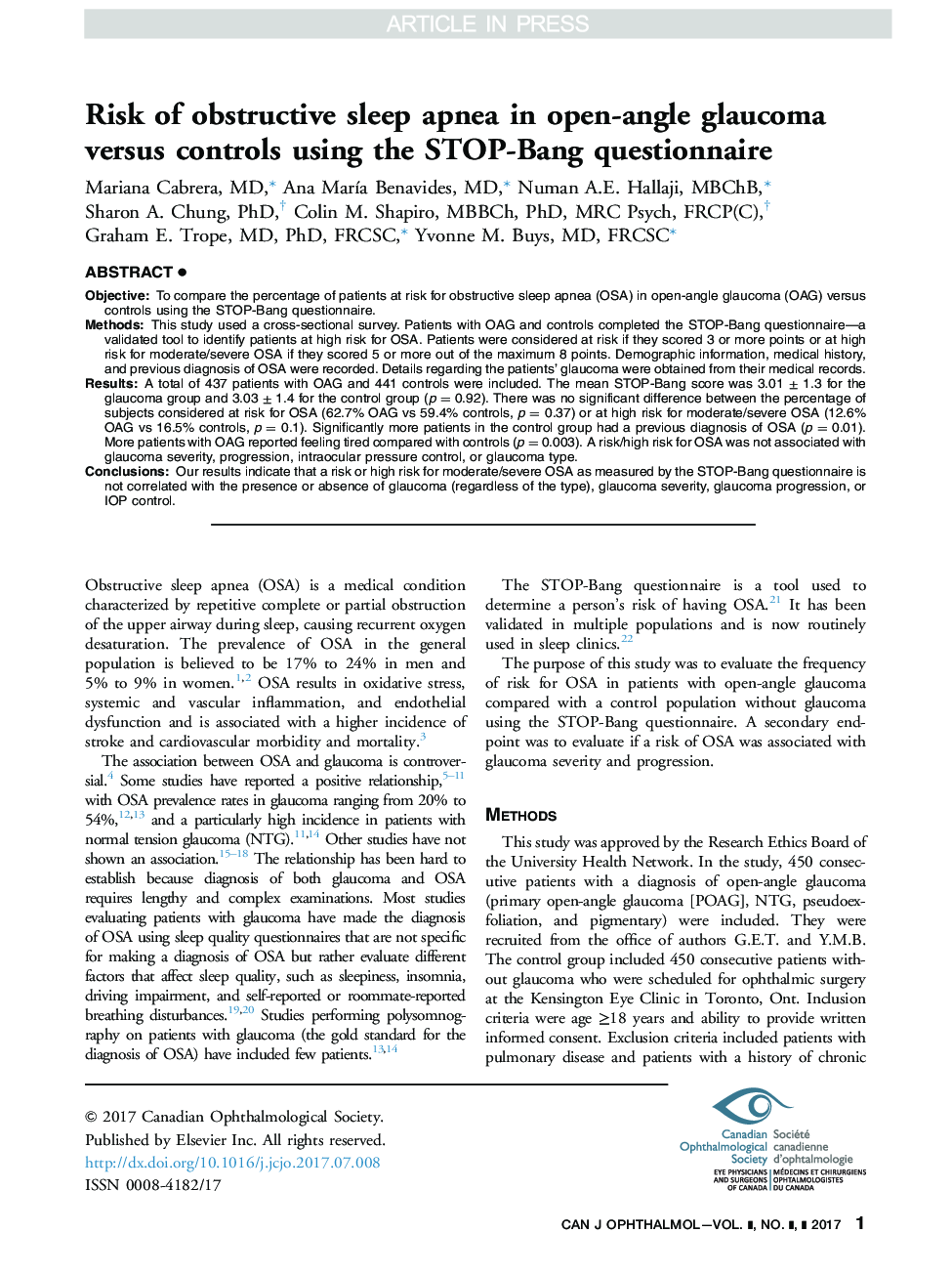 Risk of obstructive sleep apnea in open-angle glaucoma versus controls using the STOP-Bang questionnaire