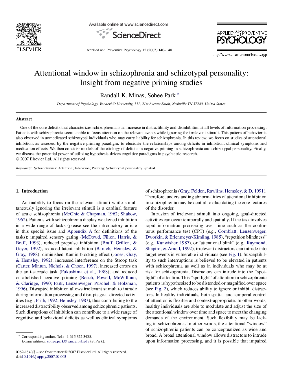 Attentional window in schizophrenia and schizotypal personality: Insight from negative priming studies