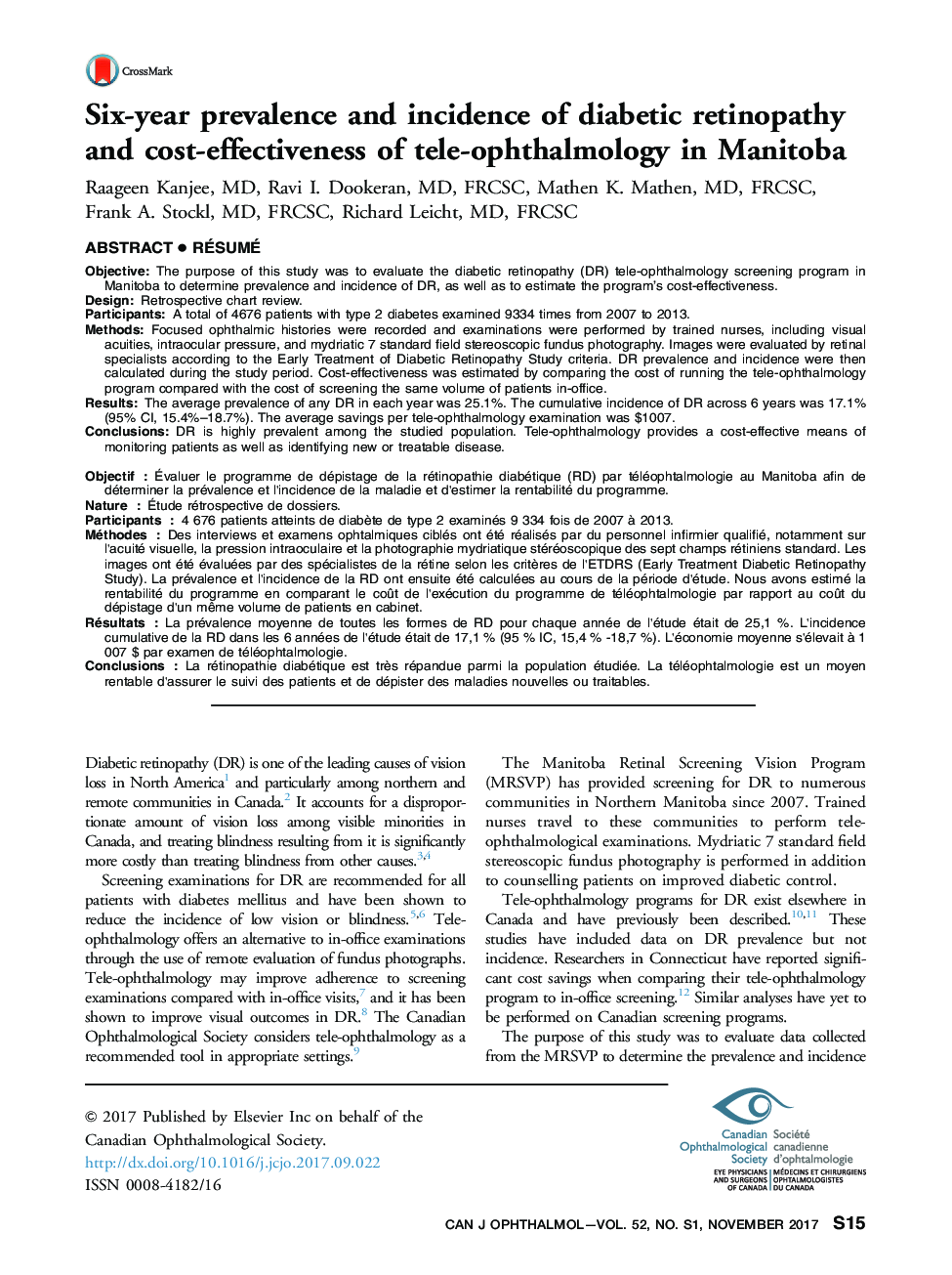 Six-year prevalence and incidence of diabetic retinopathy and cost-effectiveness of tele-ophthalmology in Manitoba