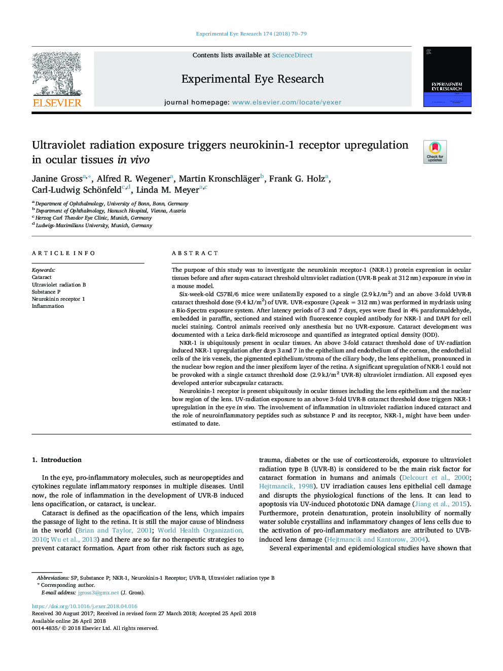 Ultraviolet radiation exposure triggers neurokinin-1 receptor upregulation in ocular tissues in vivo