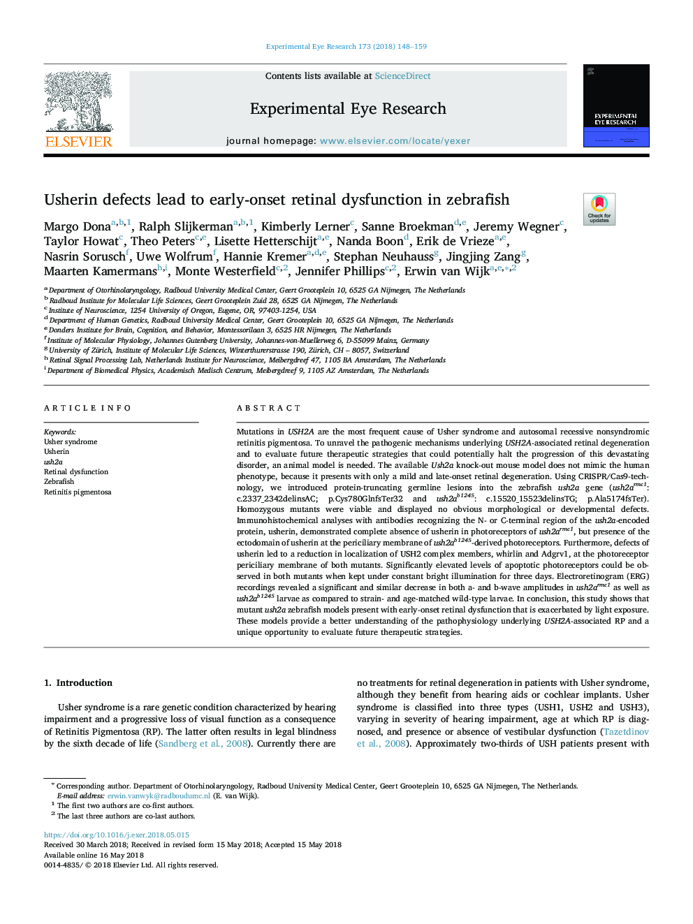 Usherin defects lead to early-onset retinal dysfunction in zebrafish